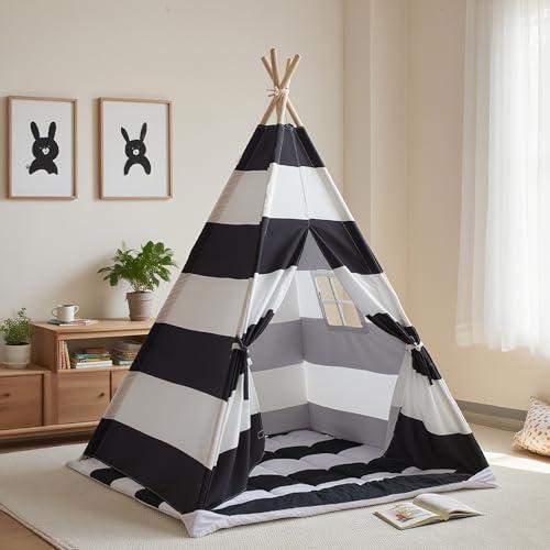 xiaowantong Teepee Tent for Kids with Padded Mat, Lights, and Carry Bag, Washable Playhouse for Indoor Use, Ideal Play Tent for Girls and Boys, Stripe Black
