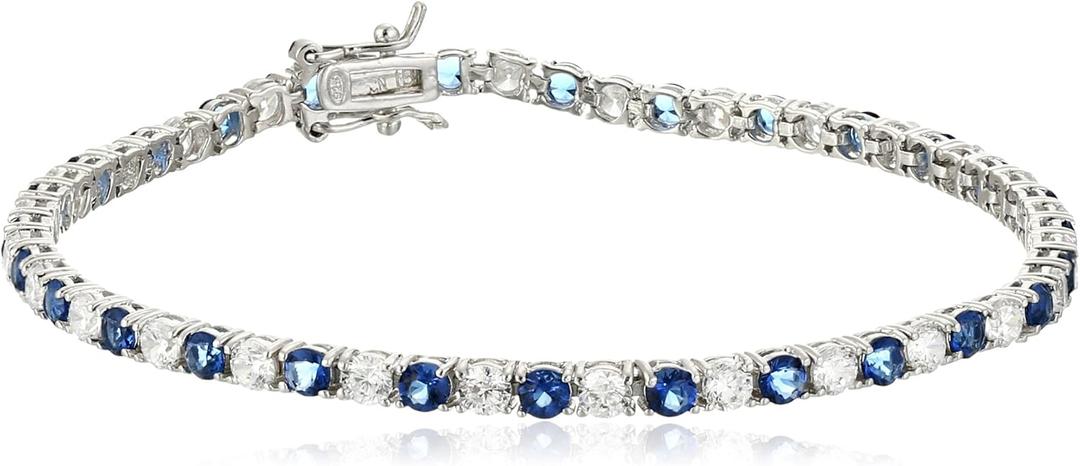 Amazon Essentials Sterling Silver Alternating Stone Prong Set AAA Cubic Zirconia Tennis Bracelet (previously Amazon Collection) (Blue)