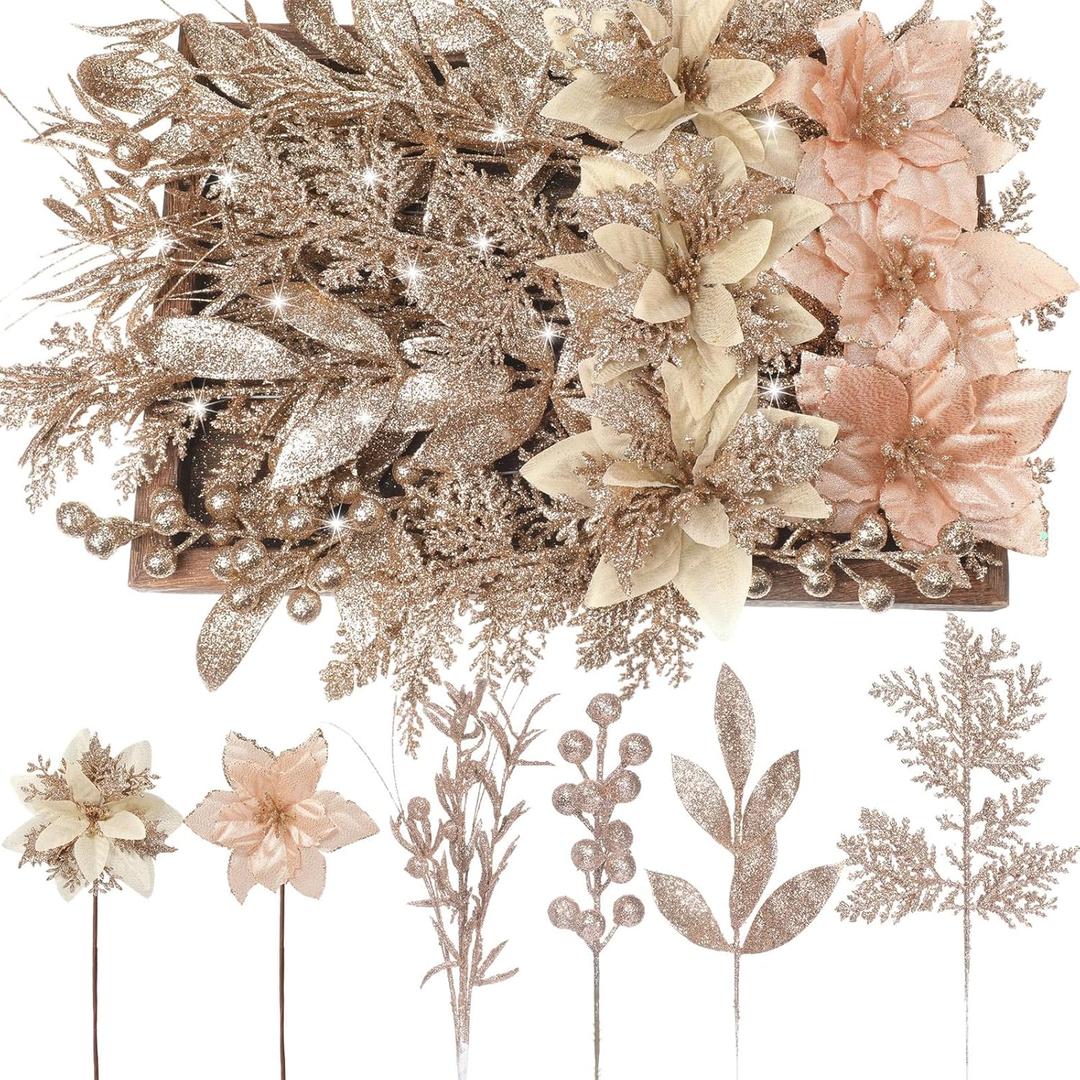 60 Pcs Christmas Glitter Branches 6 Styles Artificial Christmas Picks Berries Stems Poinsettia Flowers Pine Needles Floral Twig Spray for Xmas Tree Ornaments DIY Wreath Garland(Champagne)
