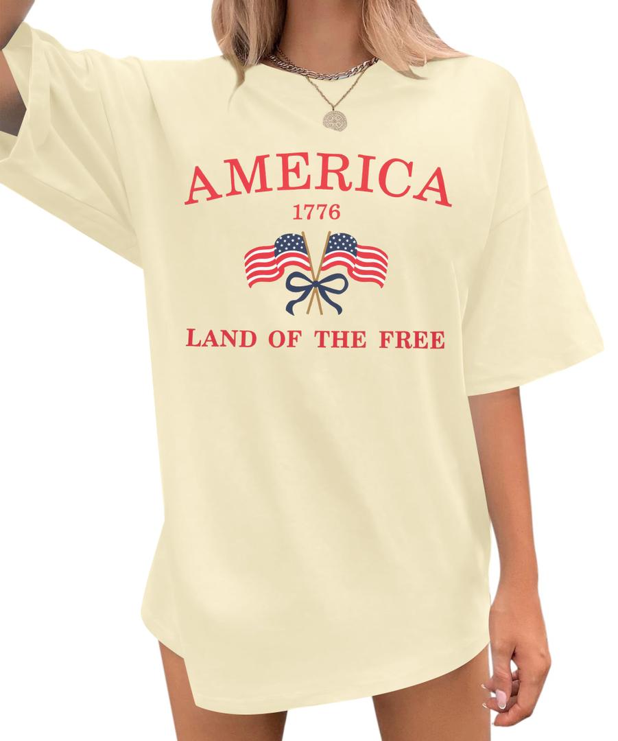 4th of July Shirts Women: USA Shirt American Flag T Shirt Bow Graphic Patriotic Short Sleeve Tee Tops (Beige, L)