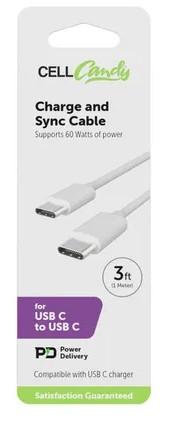 CellCandy USB-C/C Fast Charge & Sync Cable, Supports Power Delivery, 3 ft