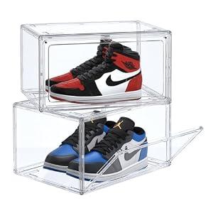 HIYOHIYO 2-Pack Acrylic Clear Stackable Shoe Boxes for High-end Sports Shoes 360°Clear Acrylic Display Shoes Boxes Fully Transparent Display Box with Magnetic Door for Ankle Boots High Heels Size 14