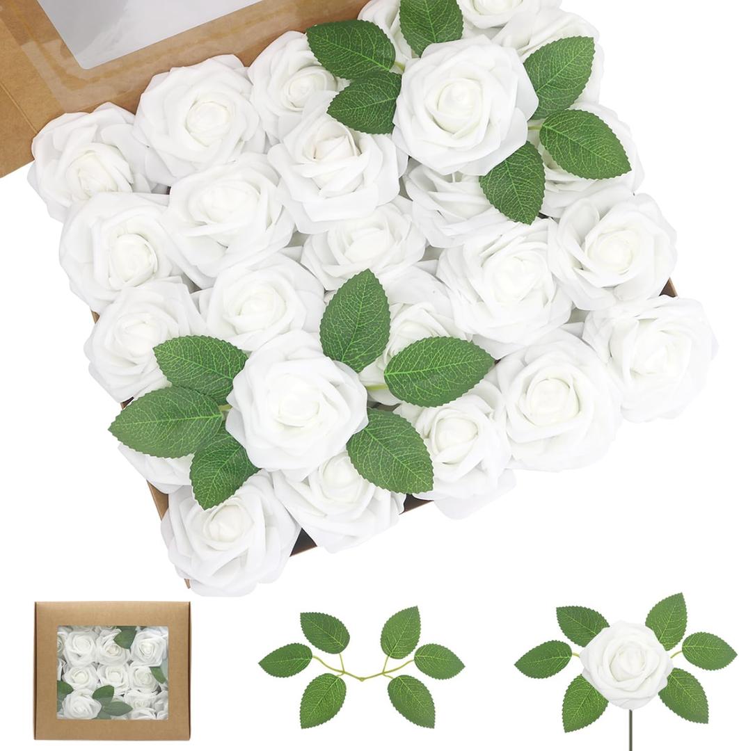 Artificial Flowers White Roses 100PCS Real Looking Foam Fake Roses with Leaves and for DIY Wedding Bouquets Bridal Shower Centerpieces Party Decorations (White, 100)