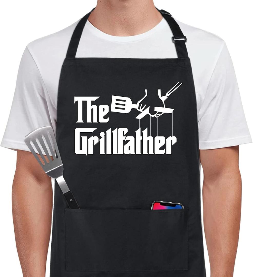 Xornis 100% Cotton Funny Apron with 2 Pockets for Men Women BBQ Grilling Adjustable Bib Black Aprons Gifts Cooking Kitchen (The Grillfather)