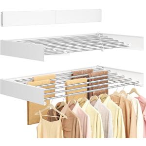SONGMICS Wall Mounted Drying Rack, Clothes Drying Rack Foldable, 39.4 Inches Wide Laundry Clothes Airer with Wall Template, 6 Fold-Out Aluminum Alloy Bars, Indoor, Matte White ULLR810WE01