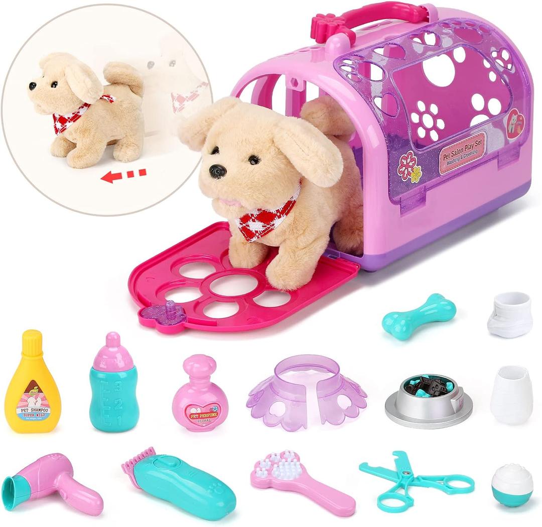 Sotodik Pet Care Play Set Electric Vet Play Set-Walking,Barking,Tail Wagging Little Plush Dog Grooming Toys with Puppy Carrier Feeding Dog Educational Toys for Toddler Kids