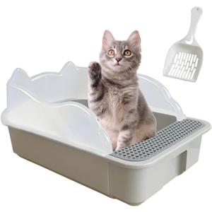 kathson Open Cat Litter Box with High Side,Anti-Splashing Cats Litter Pan,Kitten Toilet with Litter Sifting Scoop,Semi-Enclosed Removable Kittens Litter for Boxes Easy to Clean No Odor-Grey