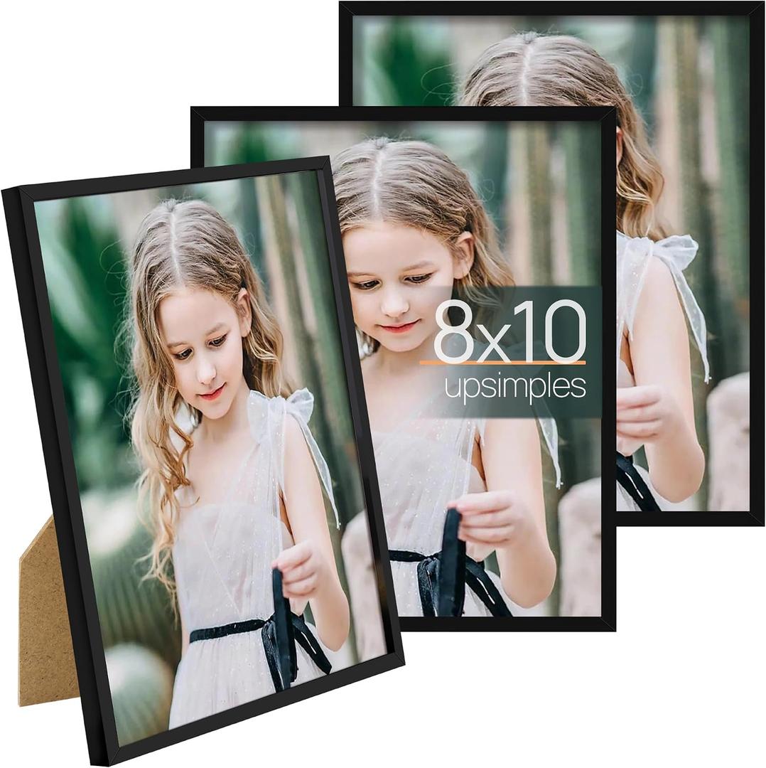 upsimples 8x10 Picture Frame Set of 3, Made of High Definition Glass for 8 x 10, Wall and Tabletop Display Thin Border Photo Frames for Home Decor, Black