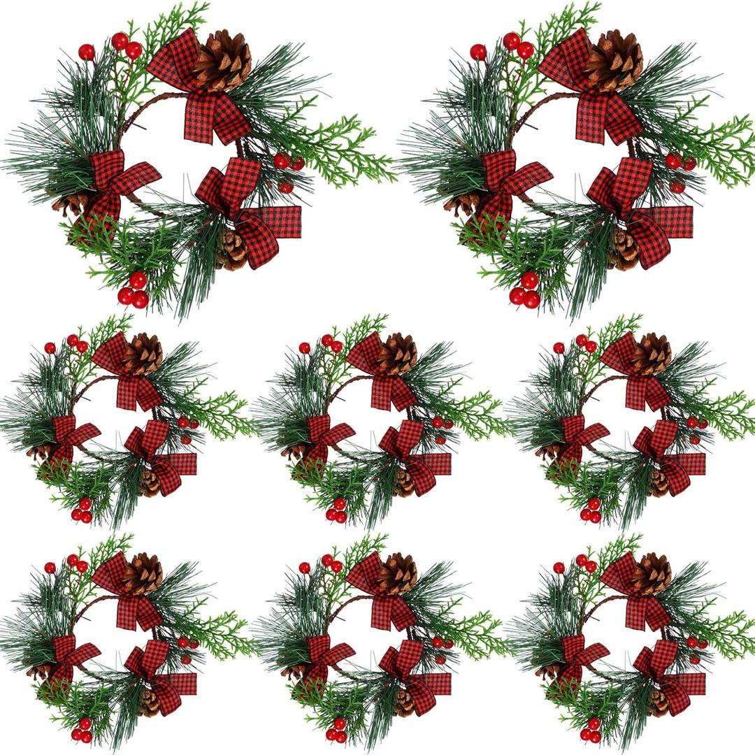 Yilloog 8 Sets Christmas Candle Rings Wreaths Berry Pinecone Red Poinsettia Candle Wreaths Rings Mini Candleholders Xmas Wreath Holder for Christmas Centerpiece(Delicate)