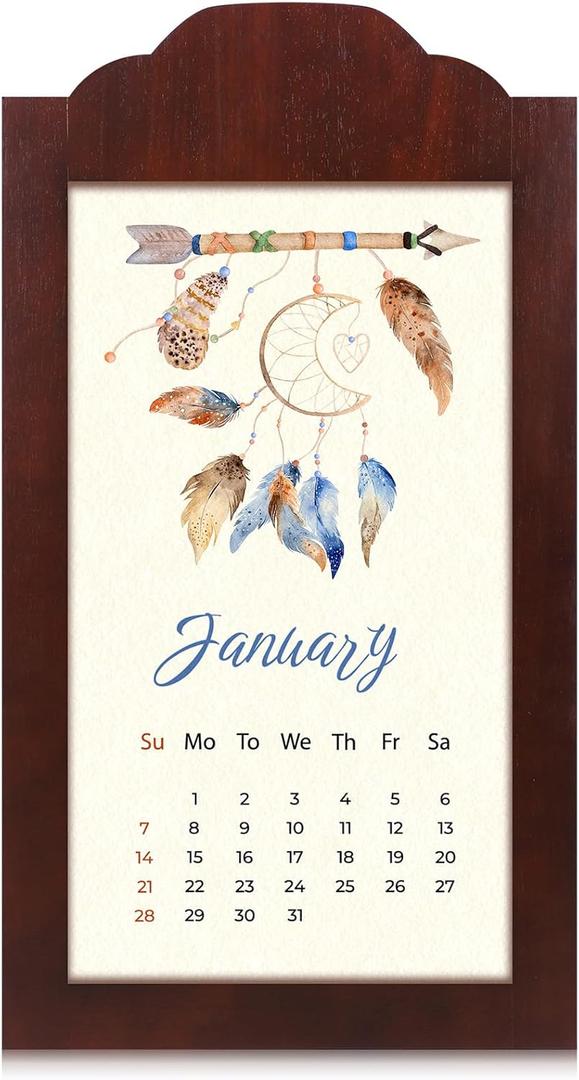 1 PCS Wall Calendar Frame, 2025 Classic Large Oak Wood Vertical 13 3/8" x 24" Calendar Holder Frame Hanger for Wall Decoration(Dark Red)