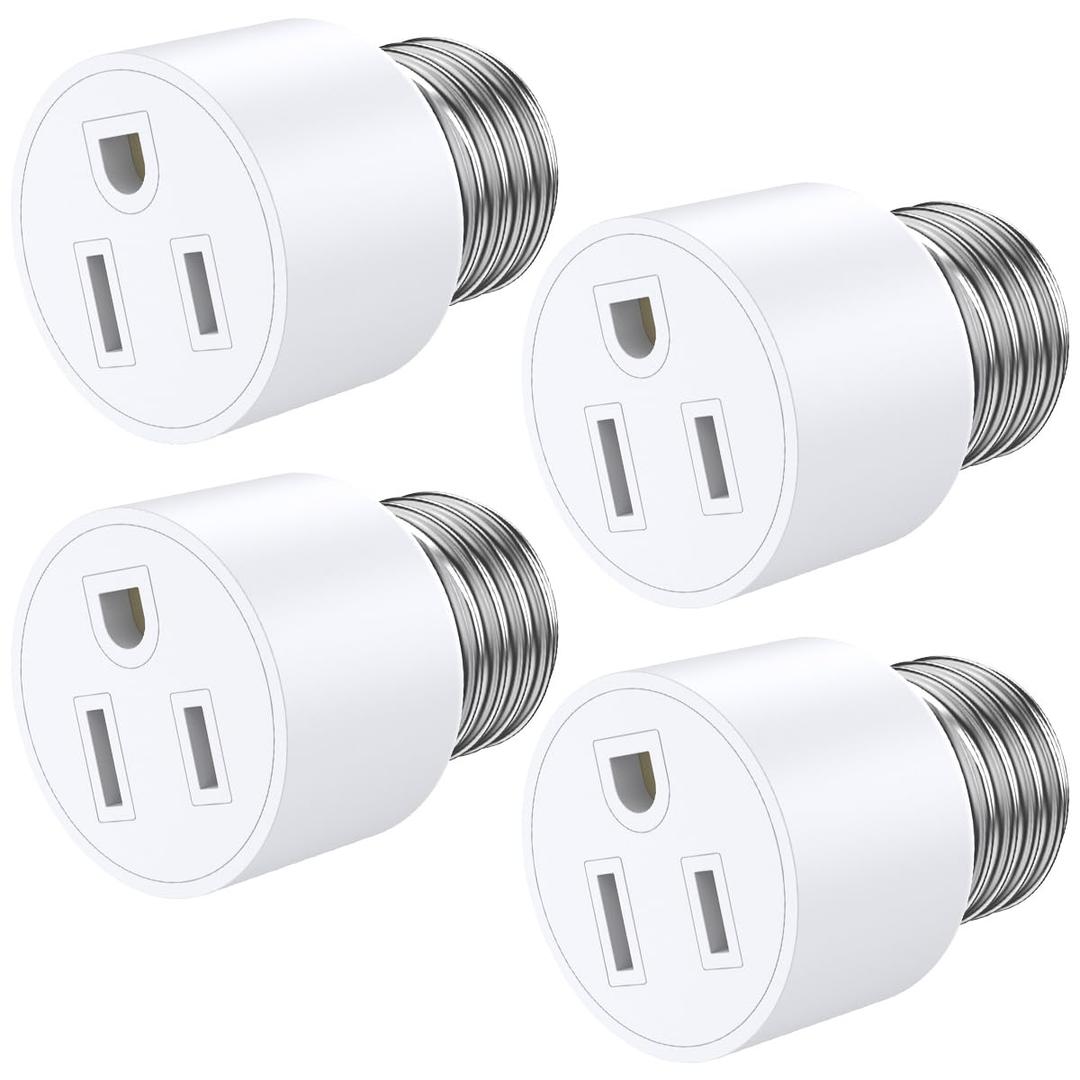 4 Pack Light Socket to Plug Adapter, 3 Prong Light Socket Adapter, Light Bulb Outlet Socket Adapter, Easy Installation E26/E27 Bulb Socket Adapter for Garage Porch Basement
