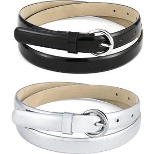 Black Patent Leather Thin Belts for Women - Silver Waist Belts for Womens Dress, Skinny Women Belt for Jeans Pack of 2 (XL: Fit Waist Size 39"-43")
