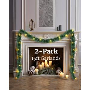 2Pack Lighted Christmas Garland, 15FT Pre-Lit Christmas Garland with Lights Plug in for Stairs Railing Party Holiday Door Outdoor Indoor, Artificial Xmas Greenery Green Garlands Decorations Decor