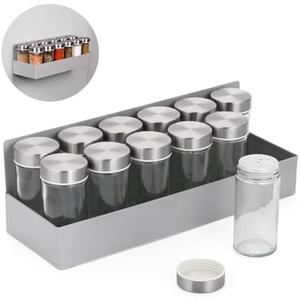 CherHome Magnetic Spice Rack with Jars Set，Magnetic Spice Organizer for Refrigerator，12PCS 3oz. Glass Jars with Shaker Lids and Metal Caps，Seasoning Containers with Magnetic Shelf for Fridge 2 Missing