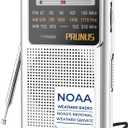 PRUNUS J-161 Pocket NOAA Weather Radio, AM FM Radio Battery Operated by 2 AA Transistor Radio with Best Reception,Stereo Earphone Jack, for Emergency,Hurricane,Running, Walking,Home (Silver) (White)
