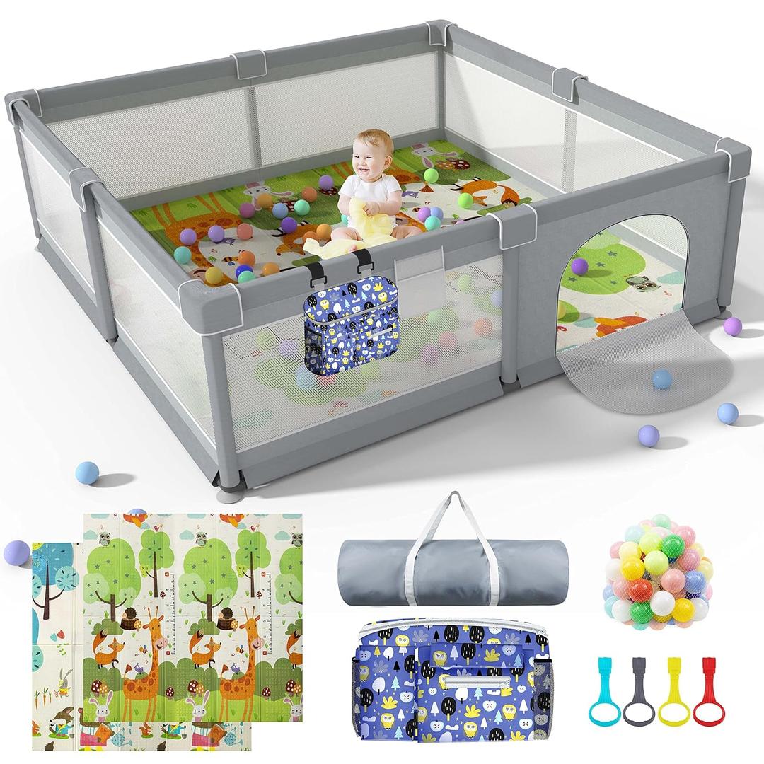 Baby Playpen 79" X 71", LUTIKIANG Play Yard for Babies and Toddlers with Mat, Safety Extra Large Baby Fence Area, Indoor & Outdoor Kids Activity Play Center with Anti-Slip Suckers and Zipper Gate. Grey, 79" x 71" with XPE Mat