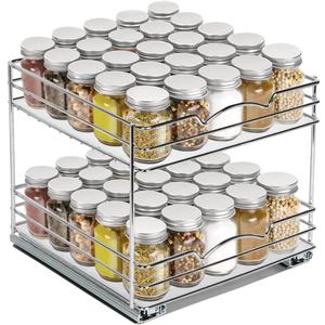 2 Tier Pull-Out Cabinet Spice Rack Organizer - Slim Slide-Out Storage for Spices, Bottles & Jars, Premium Heavy-Duty Steel, Easy Install for Narrow Kitchen Cabinets -10-1/2"Wx10-3/8"Dx8-7/8" H, Chrome