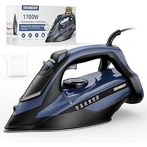 IRONDAY Steam Iron for Clothes 20s Fast Heating, 1700W Iron with 15.21oz Large Water Tank, 3Way Auto shutoff, Burst Steam, Spray Mist, AntiDrip, SelfCleaning, Vertical Ironing for Home, Blue