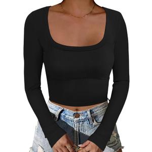 ANRABESS Women's Long Sleeve Square Neck Crop Top Ribbed Slim Fitted Basic Tee Layer Y2K Shirts Fall Fashion Outfits 2025 (Black, Small)