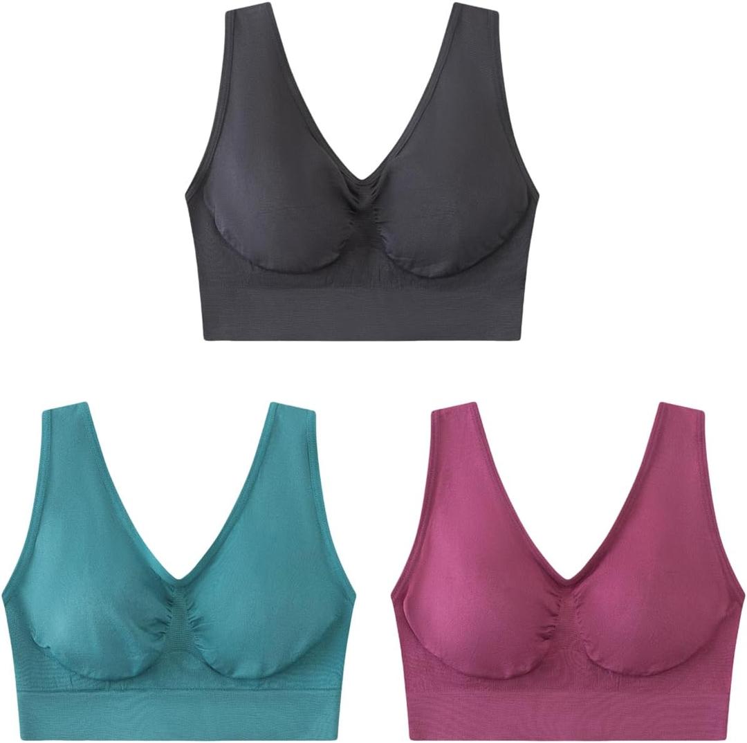 Women's Wireless Free-Support Bra Full Coverage Sleep Bralette (Medium, 3 Pack: Blue-lagoon, Dark-grey. Cannon-pink)