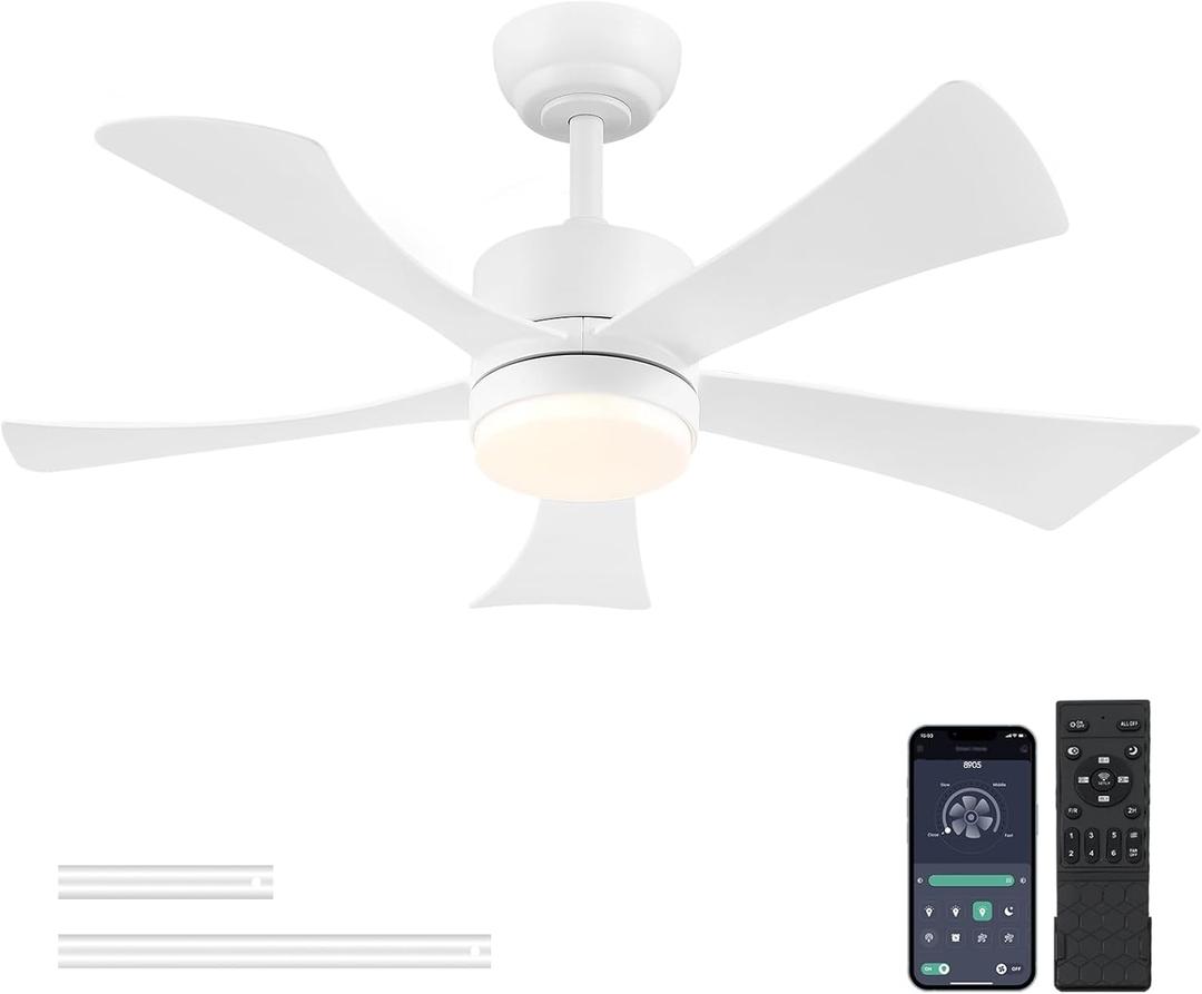 42 inch Ceiling Fans with Lights, Modern Ceiling Fan with Remote Control App, DC Motor Quiet, 3CCT Dimmable Memory, Led Sloped Flat Ceiling Fan with Light for Bedroom Indoor&Outdoor Patio White