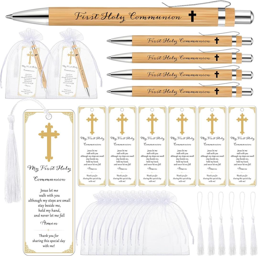 Spakon 25 Sets Baptism Favors for Guests the First Communion Bamboo Pens Cross Bookmark with Tassels Organza Bags for First Communion Party Favors Christian Gift
