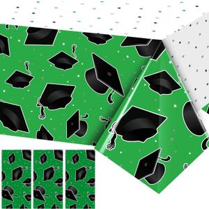 4 x Tranqun 3 Pcs 2026 Graduation Party Tablecloth Graduation Cap Rectangle Plastic Disposable Table Cover Congratulate Decorations for Congrats Grad Party, 54 x 108 Inch(Green and White)