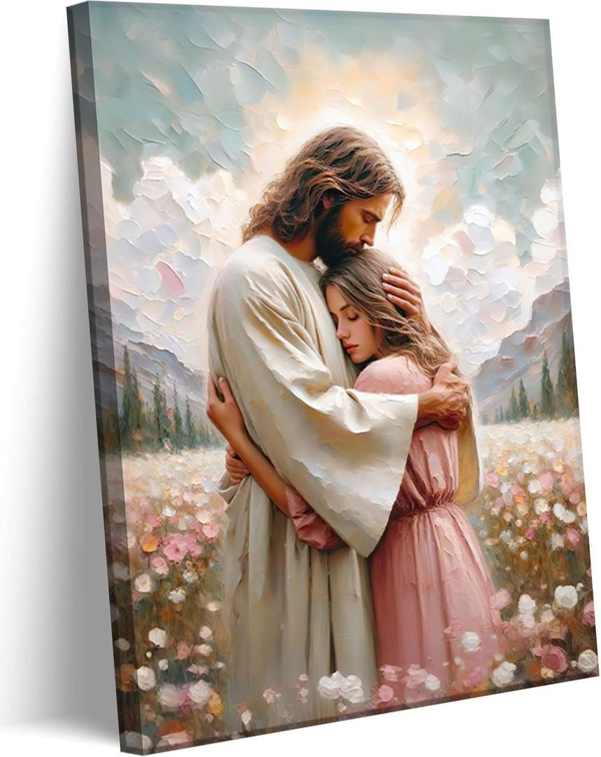 Jesus Hugging Woman Canvas Wall Art, Embracing Woman Safe in His Arms Decor Picture, Christian Paintings Prints Christ Poster for Bedroom Living Room Dining Home Healing Embrace Print Church Decoration