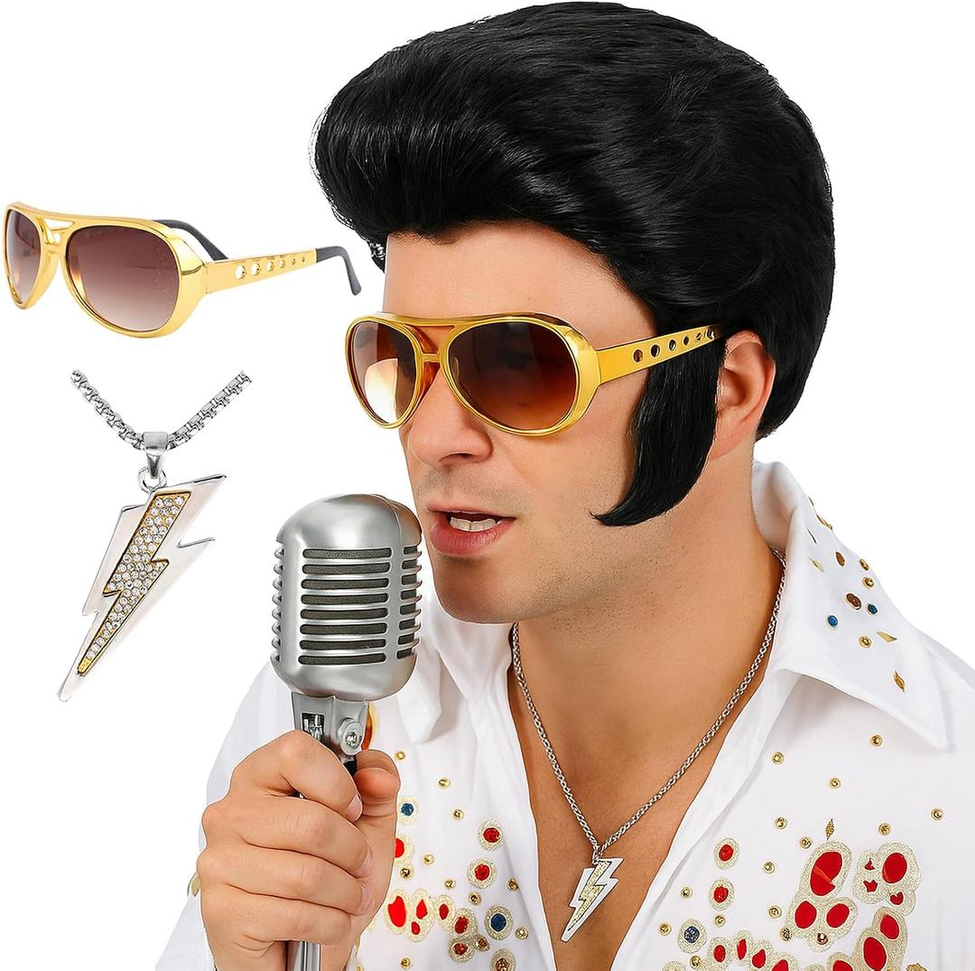 4pcs Set 50s 60s Rock Legend Wig for Men Singer Rocker Costume Wig for Cosplay Halloween Party (Natural Black)