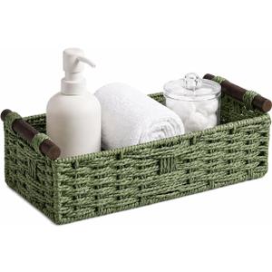 Back of Toilet Basket with Wood Handles, Green Wicker Toilet Paper Basket for Toilet Tank Top, Narrow Toilet Tank Basket, Bathroom Basket Organizer for Wipes & Essentials