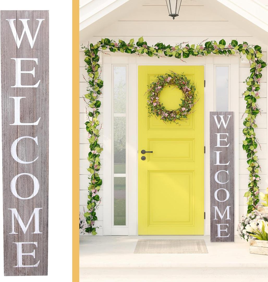 ALBEN Premium Extra Large Welcome Sign for Front Door Porch  5 Feet Tall (58" x 11") Standing Vertical Wooden Sign, Indoor Home Decor Wall Decorations (Gray)