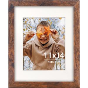 11x14 Picture Frame, Display Photos 8x10 with Mat or 11x14 without Mat, Poster Frame for Wall and Tabletop, Brown
