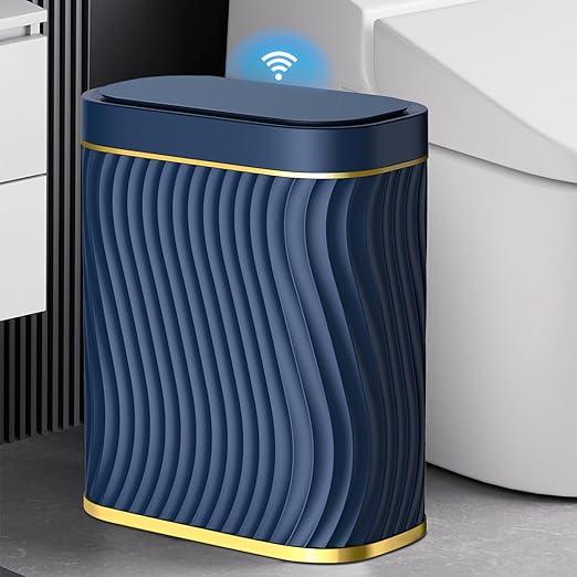 steo spce Bathroom Small Can with Automatic Touchless Lid, 2.6 Gallon Smart Garbage Can Narrow Waterproof Bin for Bedroom, Office, Living Room (Dark Blue)