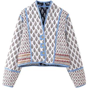 Wyeysyt Women's Cropped Quilted Puffer Jacket Cardigan Floral Printed Button Up Long Sleeve Padded Quilted Short Puffer Coats (WhiteFloral-S)