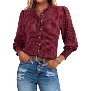 Uhiger Plaid Shirts for Women Button Down Shirt Ruffle Neck Long Sleeve Blouses Dressy Casual Gingham Tops with Chest Pockets (M)