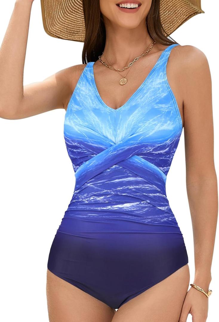 American Trends One Piece Swimsuit Women Bathing Suit Tummy Control Swim Suits for Women 2025 Modest Swimwear (Blue, XL)