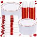 WELLIFE 350 Pcs Red Plastic Plates for 50 Guests - Plastic Dinnerware Set,Valentines Party Supplies Includes 100 Red Plates,150 Silverware,50 Napkins,50 Cups, Valentines Plates