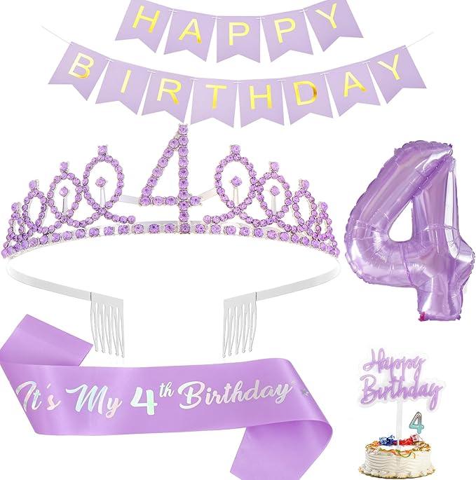 4th Birthday Decorations for Girls - Including Sash, Tiara, Candles, Banner, Cake Toppers & 32in Digital Balloons