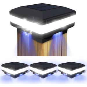 Sumaote Solar Post Cap Light, 52 LEDs 160 Lumen Outdoor Solar Post Light Fits 4x4 5x5 6x6 Wooden Posts IP65 Deck Fence Lights Platform Garden Patio 6000K White Lighting, Black Shell, 4 Pack