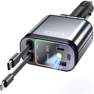 4 in 1 Retractable Car Charger for iPhone,69W USB-C Fast Car Charger with Starry Light, for Car Charger Adapter iPhone16/15/14/13/12,Android,Pixel,Cigarette Lighter Adapter(ForLightning+USB-C) (Grey)