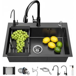 FGNIXLN Drop In Kitchen Sink with Faucet Combo18 Gauge Stainless Steel Single Bowl Kitchen Sink Large Deep Round Corner Handmade Topmount Overmount Basin Kitchen Sinks (22"x18")