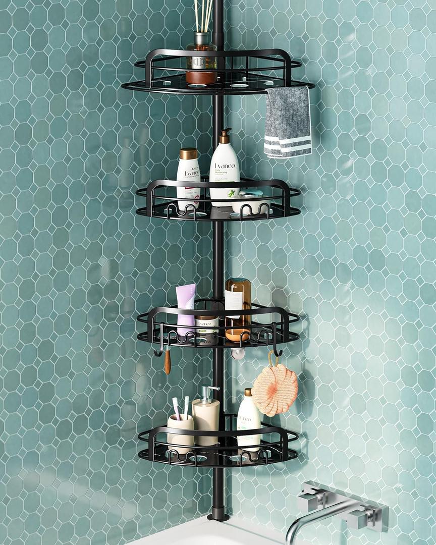 Corner Shower Caddy Tension Pole, 4-Tier Bathroom Organizer Shelves, Fast Installation Rustproof Adjustable Floor to Ceiling Standing Bath Rack Holder for Bathtub Shampoo Storage 37-113 Inches