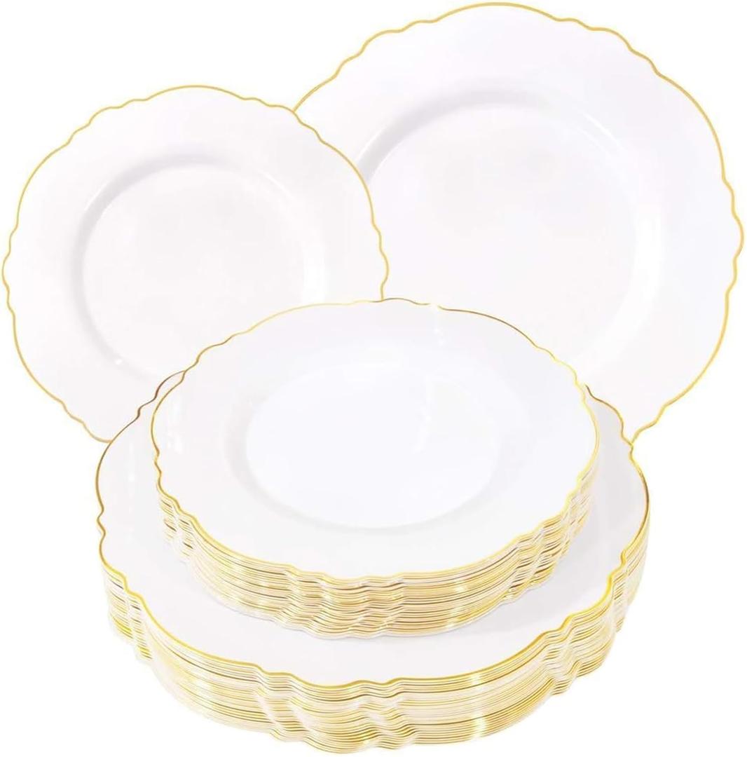 WDF 60pcs Gold Plastic Plates -Baroque White &Gold Disposable Plates for Upscale Parties &Wedding-including 30Plastic Dinner Plates 10.25inch, 30Salad Plates 7.5inch