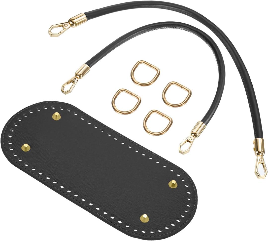 uxcell Crochet Bag Making Kit, 8.7 x 4 Inch Oval PU Leather Bag Bottom with 2Pcs 15.75" Bag Handles and 4Pcs Buckles for DIY Crochet Bag Shoulder Bag Purse Making, Black