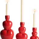 WDS WONDROUS Taper Candle Holder Set of 3 - Valentine's Day Candlestick Holders Wedding Decor, Red Heart Ceramic Candle Sticks Holders for Table Farmhouse Decor Romantic Housewarming Gift