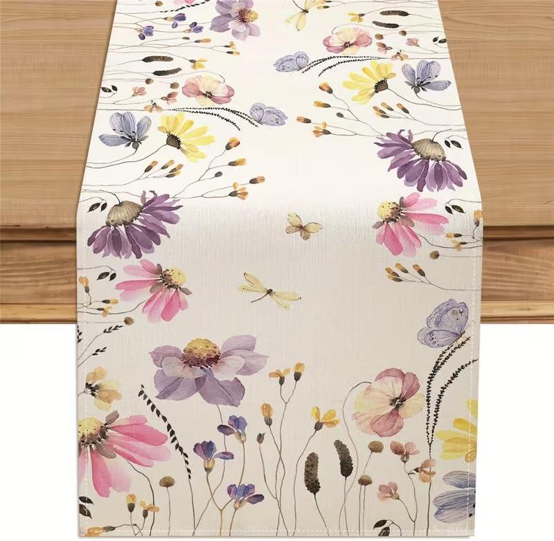 Watercolor Purple Floral Spring Table Runner ,Seasonal Butterfly Flower Summer Table Decoration for Kitchen Dinning Home Party 13x60 Inch