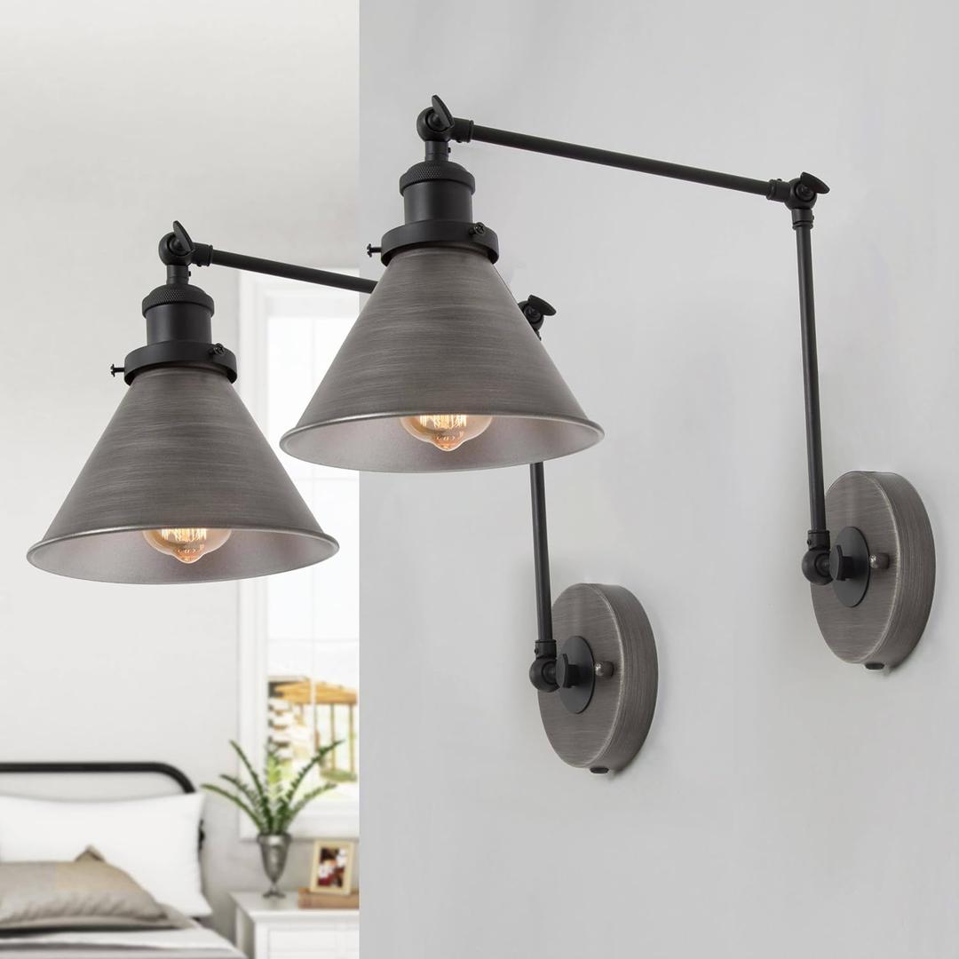 LALUZ Wall Sconces Lighting 2 Pack, Modern Swing Arm Plug-in or Hardwired Adjustable Wall Lamp with Brushed Black Silver Finish for Bedroom, Kitchen, and Living Room