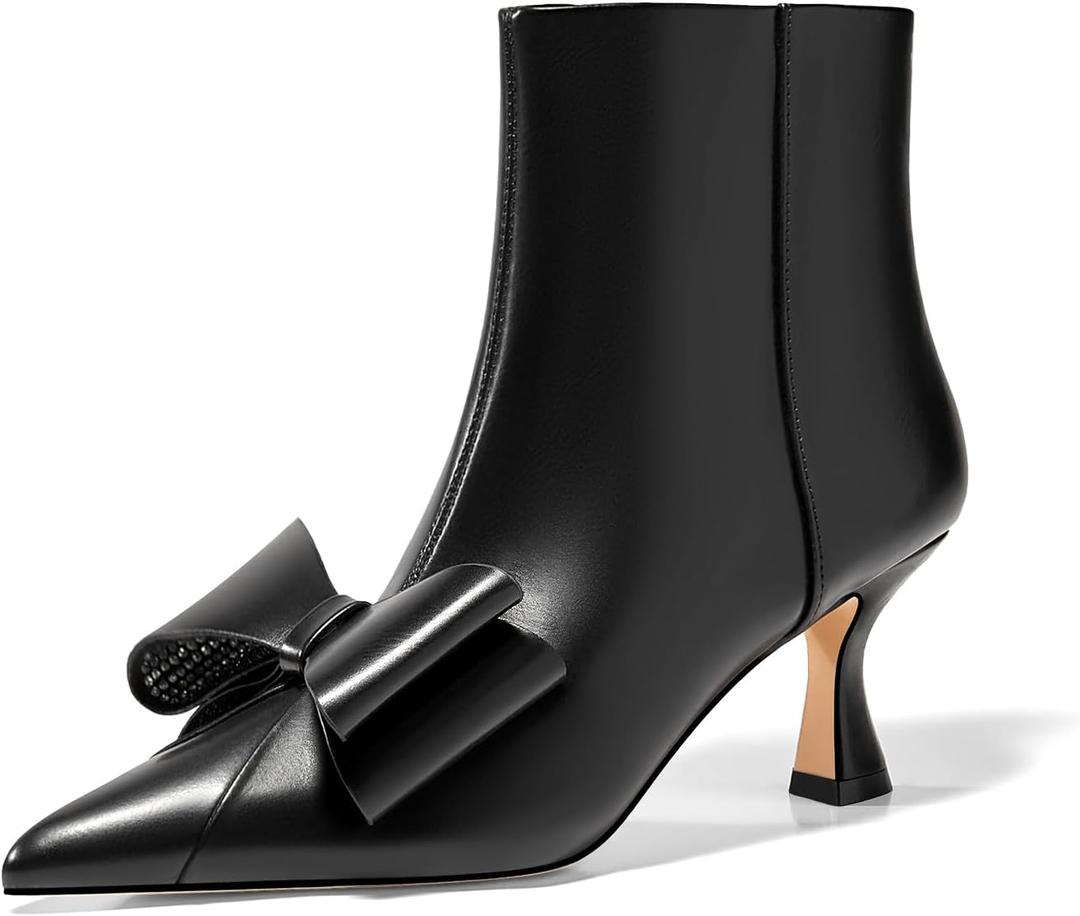 Coutgo Womens Low Kitten Heel Ankle Boots Rhinestone Bow Pointed Toe Side Zipper Dress Fall Booties Shoes (9.5, Black)