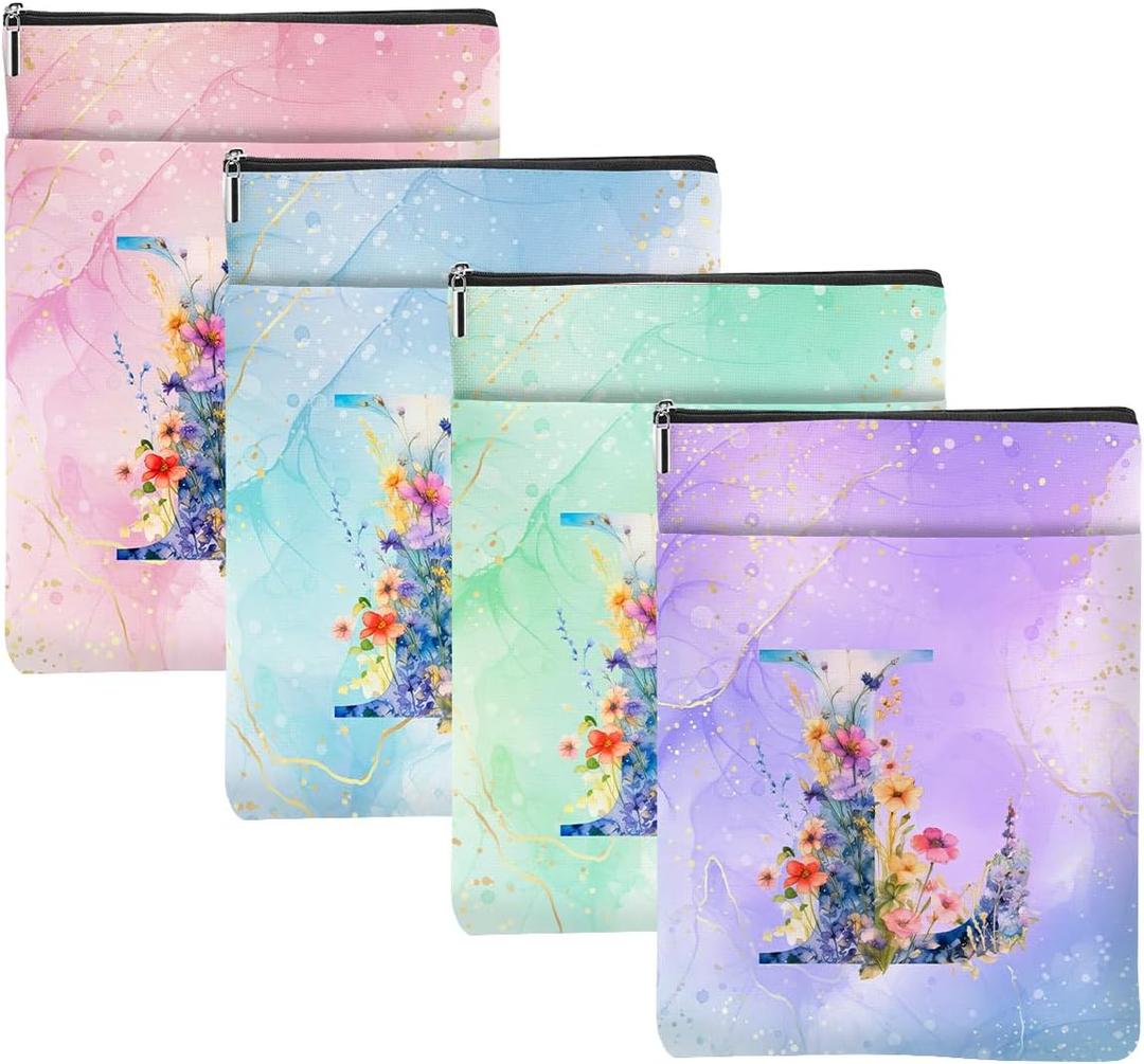 4Pcs Initial L Book Lovers Gifts Book Sleeve Waterproof Books Cover Pouch Personalized Monogrammed Gifts for Women Bookworm Bookish Reading Accessories for Birthday Wedding Thank You Gift