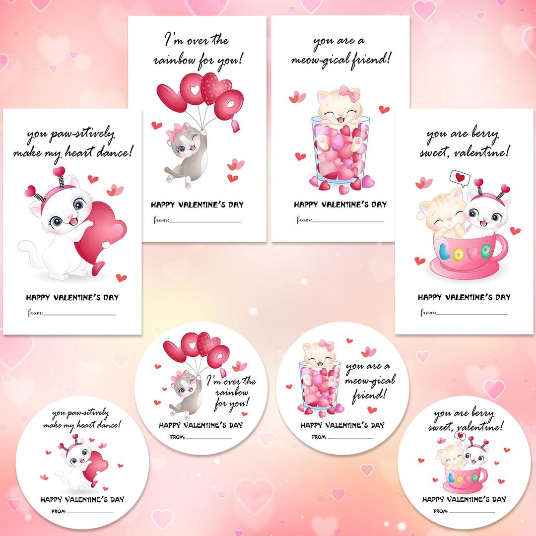 Cazhes Valentine's Day Gifts Tags Stickers, 40pcs Gift Wrap Self Adhesive Stickers, Lovely Cat Theme Happy Valentine's Day Gift Wrapping Decorations - A02